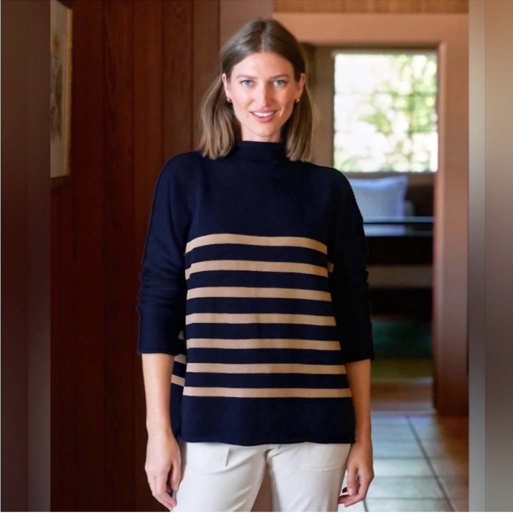 Nwt Frank & Eileen Monterey Rolled Funnel Neck Sweater Navy Camel Stripe Size L